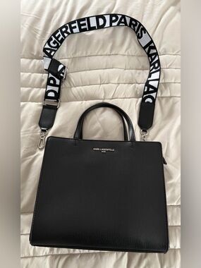 Karl Lagerfeld Black Structured Satchel with Logo Monochrome Strap